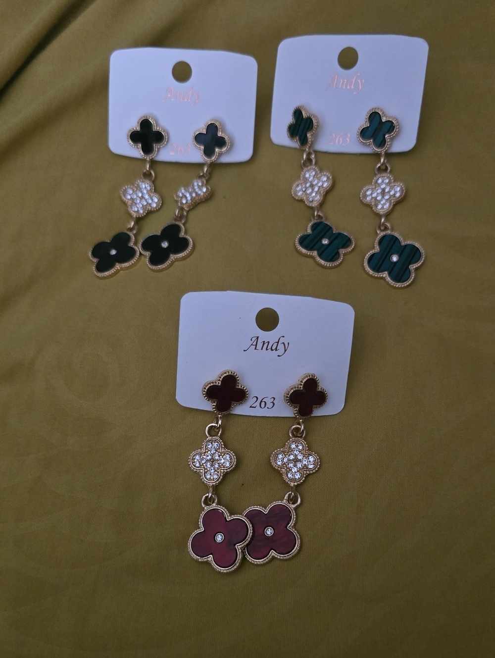 Designer Ispired  Clover Dangle Post Back Fashion Earrings,Andy 263,New,3 Pairs.